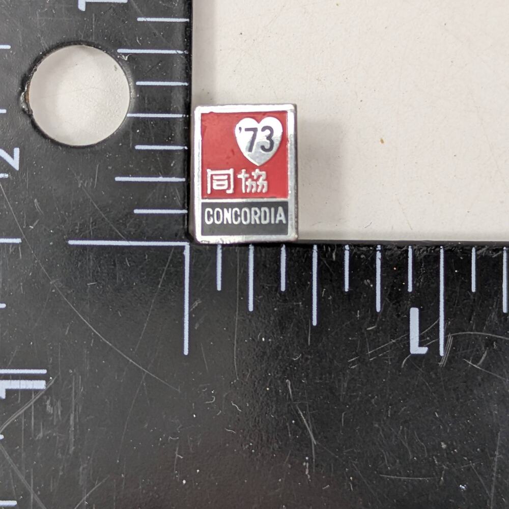1973 Concordia Enamel Lapel Pin Red Silver Heart Chinese Text Vintage Badge